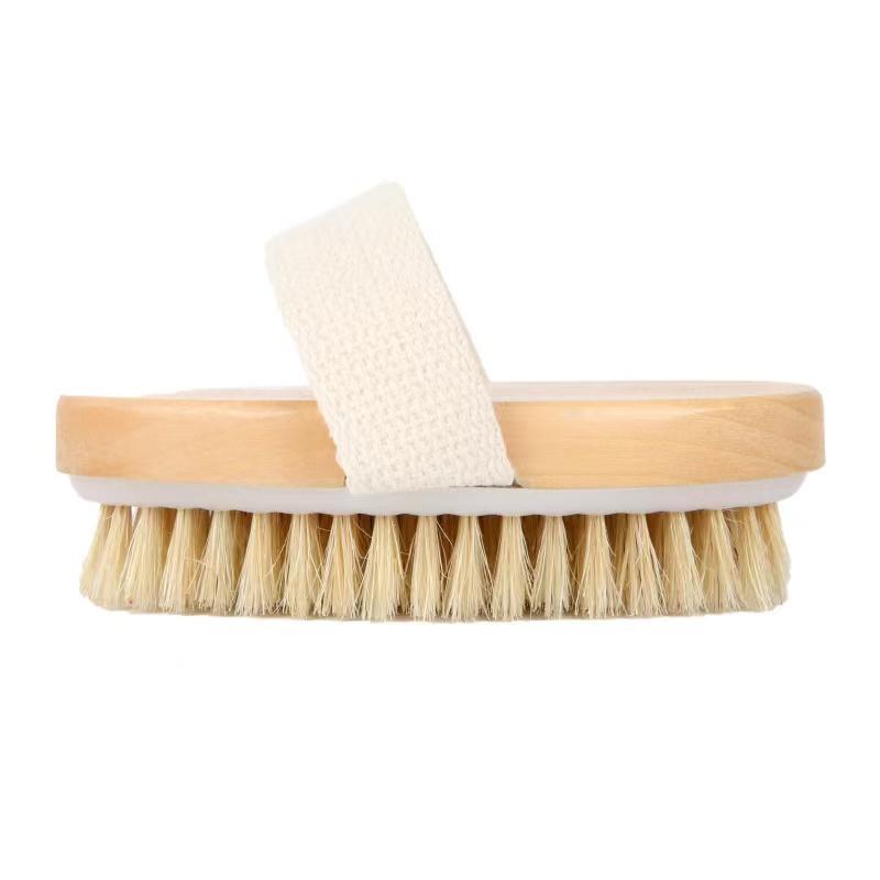 Wooden Handle Dry Body Brush, Oval Body Scrubber For Dead Skin Removal, Exfoliating, Portable Manual Body Massage Brush For Home & Travel Use