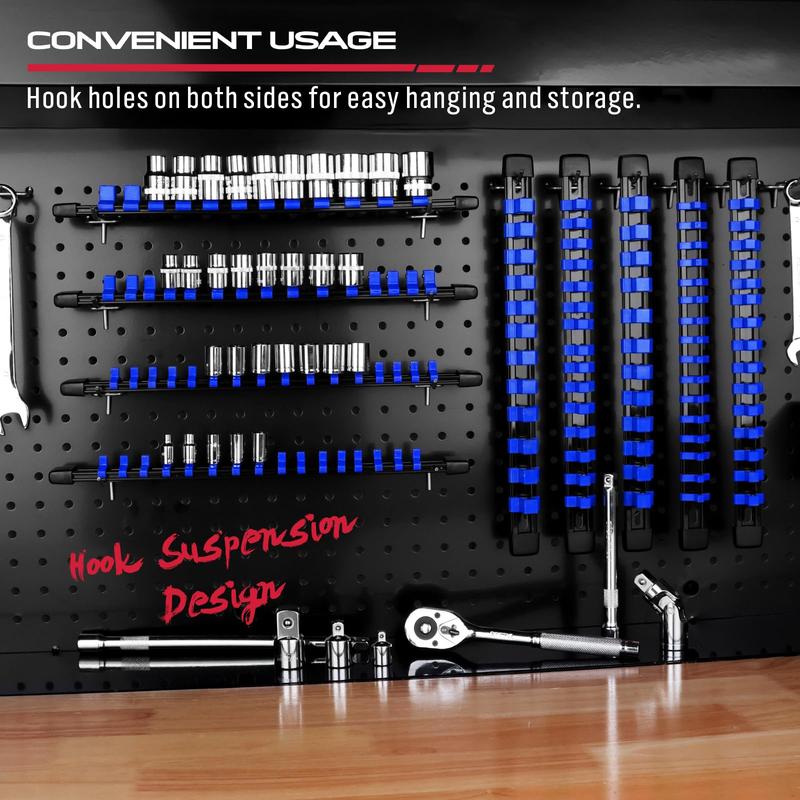 Socket Organizer Set 9-piece, 1 4-Inch x 48 Clips, 3 8-Inch x 45 Clips, 1 2-Inch x 36 Clips, Socket Rail Heavy Duty Holder with Socket Labels, Socket Organizer for Tool Box Drawer Blue