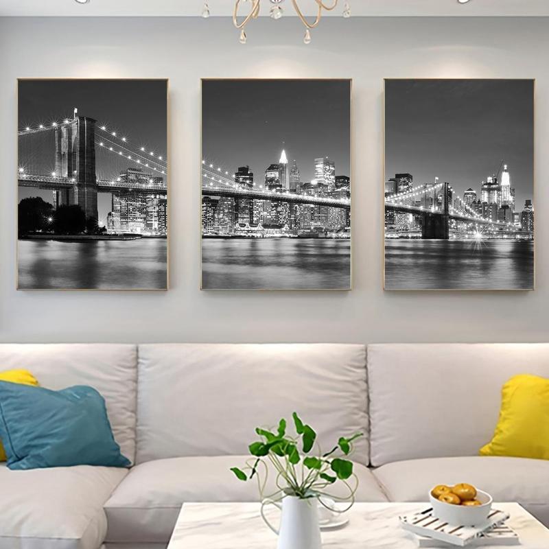 City Night Bridge Pattern Canvas Poster without Frame, 3 Counts set Architecture Themed Wall Art, Wall Decor for Home Living Room Bedroom Office