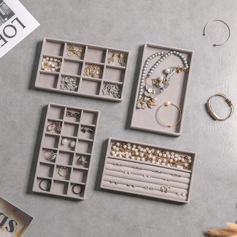 Jewelry Organizer tray, stackable velvet jewelry trays, drawer inserts earring organizer for women girls jewelry storage display case for rings stud necklaces, set of 4(Grey) Marla Aaron stickers jewellery box Compartment Gift