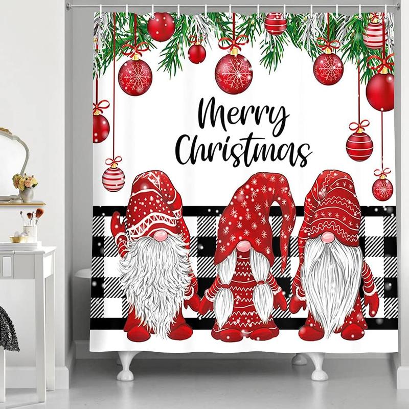 Christmas Shower Curtain, Winter Farmhouse Cute Gnome Fabric Shower Curtain Set with Hooks, Red Xmas Ball with Snowflake on Black and White Buffalo Check Plaid Cloth Bathroom Accessories Decor,71X71in