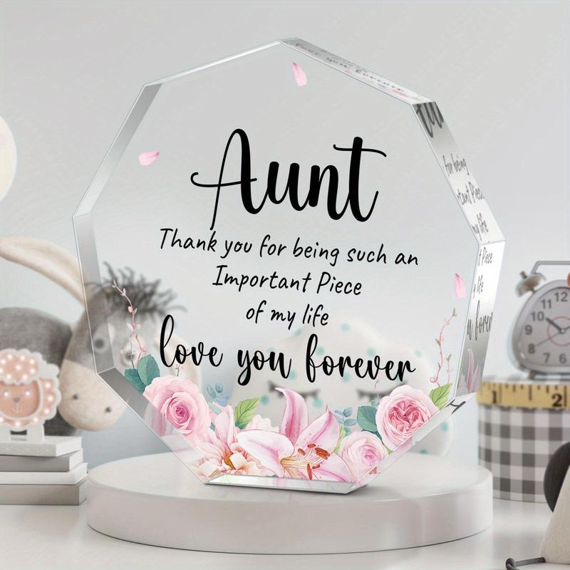 Acrylic Plaque, 1 Count Flower Pattern & Aunt Letter Acrylic Ornament, Creative Birthday Gift for Aunt Thanksgiving Home Decor