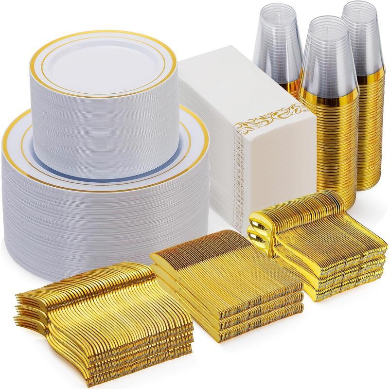 Wellife 700 Piece Gold Rose Gold Silver Dinnerware Set for 100 Guests, Plastic Plates Disposable for Party, Include: 100 Dinner Plates, 100 Dessert Plates, 100 Paper Napkins, 100 Cups, 100 Silverware Set(Gold)