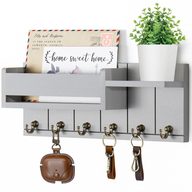 Wall Mounted Key Holder, 1 Count Wooden Wall Shelf with 6 Key Hooks, Mail Sorter, Home Organizer for Living Room Entrance