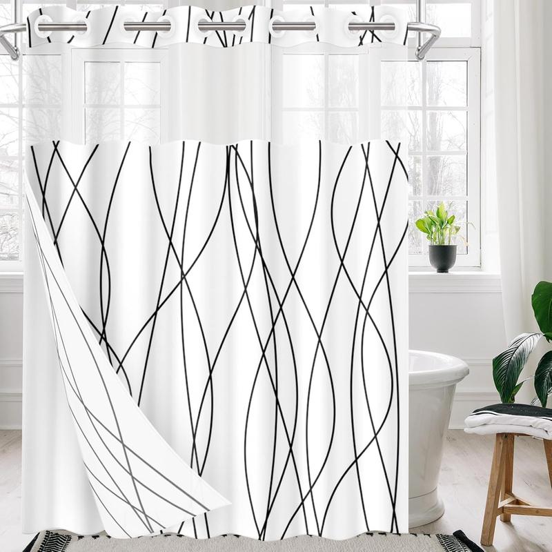 No Hook Black and White Striped Shower Curtain with Snap in Fabric Liner Set, Double Layers Waterproof Fabric with See Through Top Window Open Grommet Bath Curtain 71x74 Inch Door