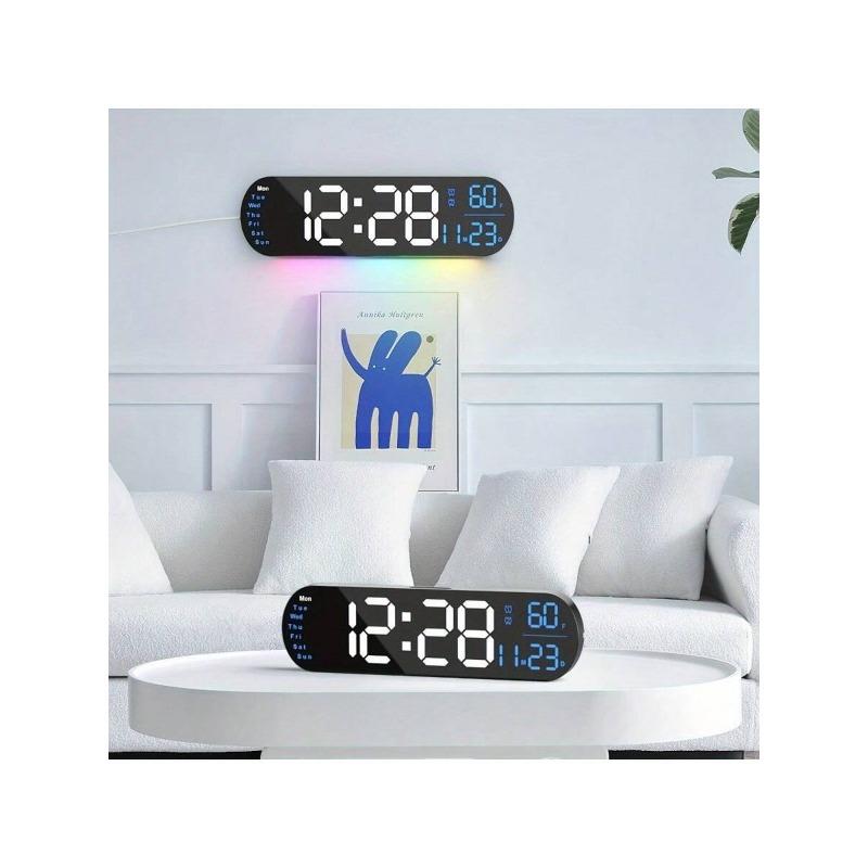 Large Digital Wall Clock With Remote Control 13.7', Auto Brightness, 9 RGB Ambient Light, Dual Alarm Clock&Timer, 12 24H Mode, Temperature For Bedroom, Wall Decor Gift For Elder, Black, 2 Pack