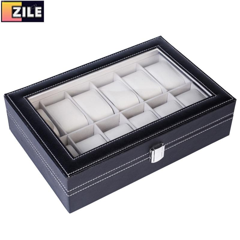 12 Compartments Top-level Opening Style Leather Watch Collection Box Black