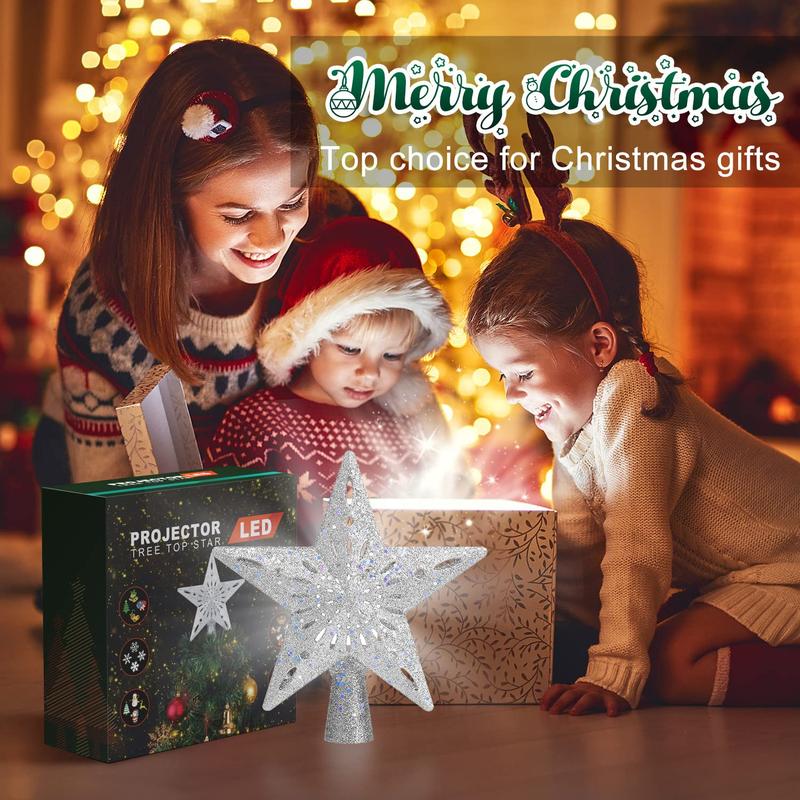 Christmas Tree Topper with 6 Projection Modes, Christmas Star Tree Topper Built-in LED Rotating Light, Silver 3D Flashing Dynamic Projection, Suitable for Christmas Party Holiday Decoration