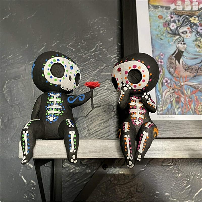 Sugar Skull Couple Statue, Sugar Skull Figurine,Resin Crafts Sugar Skull Decor,Skull Head Skeleton Figurine Statue Display Hand Crafts,Home Decor Collectible Figurines (C)