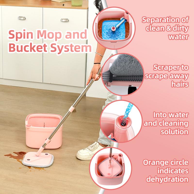 Spin Mop and Bucket System with Dual Compartment Mop Bucket and Thick Washable Microfiber Mop Pads