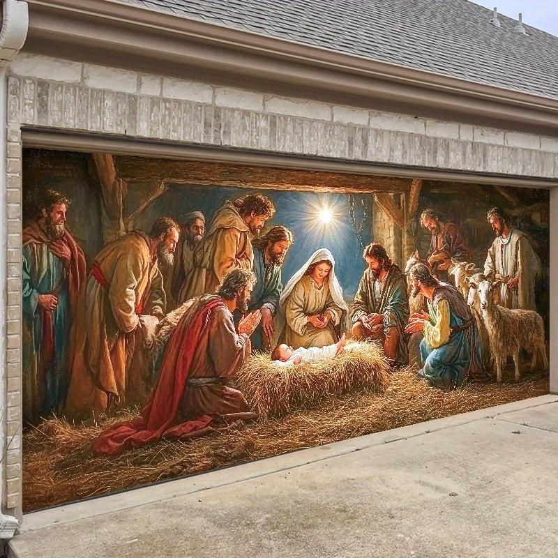 1pc Festive Season Birth Scene Outdoor Garage Door Banner Decoration, Large 6X13 Feet Polyester Tapestry Background for Holiday Parties, Star of Bethlehem Scene Garage Door Decor, Durable, Easy to Hang, No Power Needed