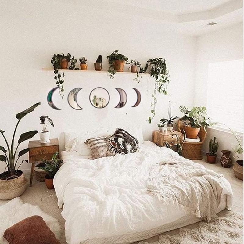 Bohemian Wall Decoration - 5 Pieces Scandinavian Natural Decor Acrylic Moon Phase Mirror for Home Living Room Bedroom Decor