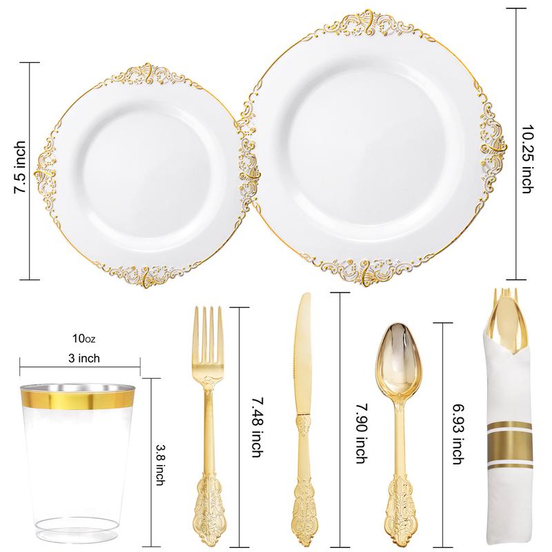 Nervure 350PCS Gold Plastic Plates - Disposable Dinnerware Plates and Pre Rolled Napkins with Plastic Cutlery for 50 Guests, 100Plates, 150Silverware, 50Cups, 50Napkins for Wedding&Party(Heavyweight)