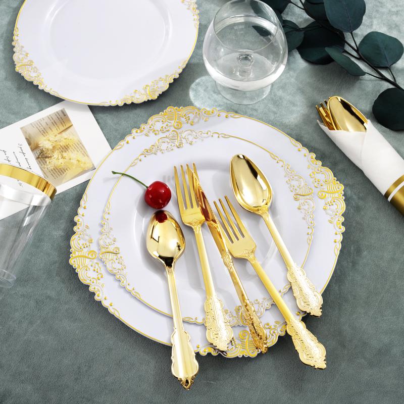 Nervure 350PCS Gold Plastic Plates - Disposable Dinnerware Plates and Pre Rolled Napkins with Plastic Cutlery for 50 Guests, 100Plates, 150Silverware, 50Cups, 50Napkins for Wedding&Party(Heavyweight)