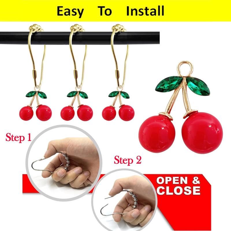 Set of 12 Cherries Shower Curtain Hooks Rings, Red Cherry Decoration, Fruit Style ForBathroom, Stainless Steel Hooks Rustproof (Red-Cherry)