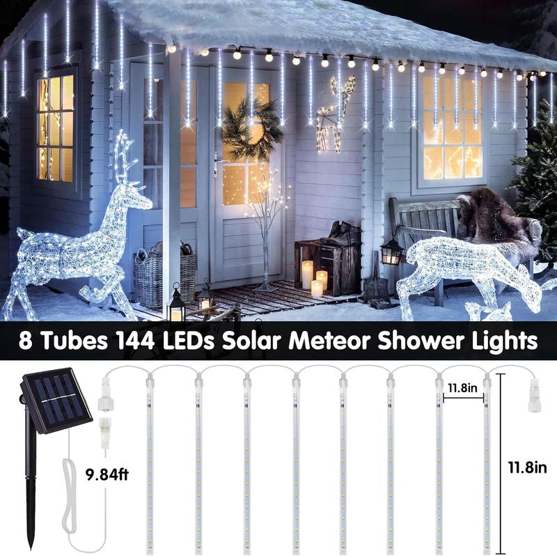 JMEXSUSS Solar Christmas Lights Outdoor Waterproof, Solar Meteor Shower Rain Lights, 8 Tube 144 LEDs Solar Icicle Tree Lights for Yard Patio Xmas