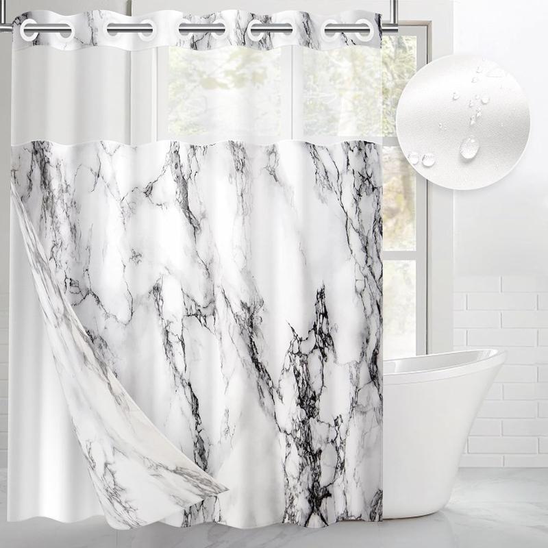 No Hook Marble Ocean Stone Shower Curtain with Snap-in Liner, Gray Double Layers Waterproof Fabric with See Through Top Window Open Grommet Bath Curtain 71x74 Inch