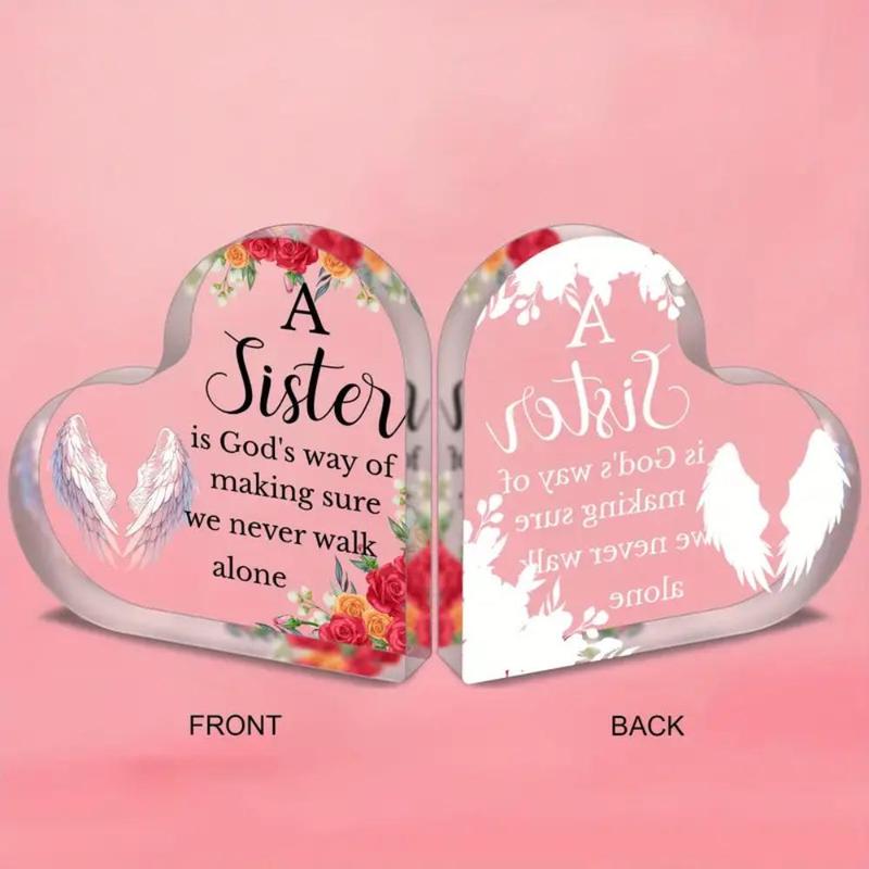 Letter & Flower & Wings Pattern Heart Shaped Acrylic Ornament, 1 Count Sister Gift, Unique Gift for Sister, Decorative Sign for Birthday & Anniversary Gift