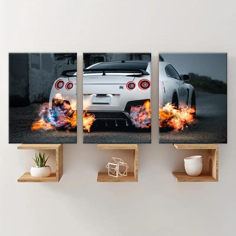 Cool Sports Car Pattern Wooden Framed Canvas Painting, 3 Counts set Modern Art Wall Decor, Wall Art for Home Living Room Bedroom Office