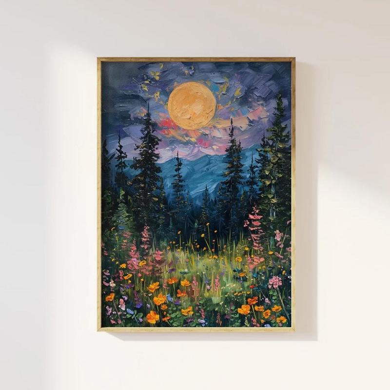 Vintage Flower & Moon Pattern Unframed Painting, 1 Count Canvas Wall Art, Wall Decor for Home Living Room Bedroom Study Room