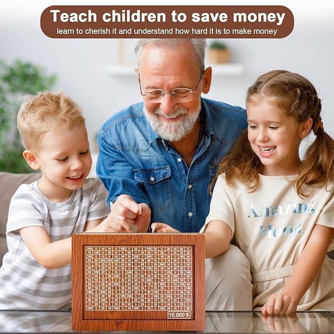 Money Saving Box, Wooden Cash Vault for Kids and Adults, Reusable Money Box with Countdown and Money Target Best Gift for Boys, Girls