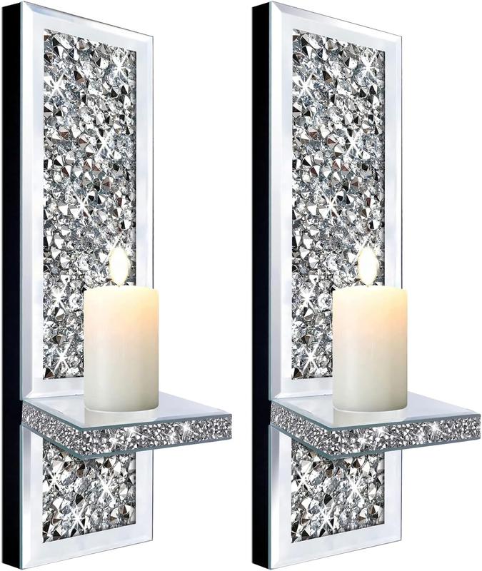 Set of 2 Crystal Crush Diamond Candle Sconces, Gorgeous Silver Mirrored Wall Sconce, Candle Holder Glass Wall Decorations Room Ornaments