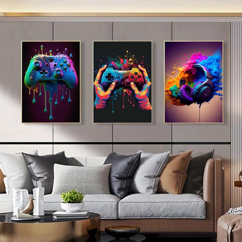 Game Controller Headphone Pattern Canvas Painting without Frame, 3 Counts set Colorful Wall Art, Wall Decor for Home Living Room Bedroom Office