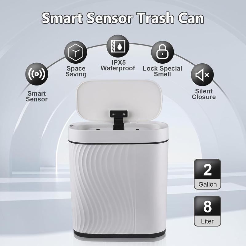 Bathroom Trash Cans with Lid 2 Gallon Automatic Trash Can, Small Motion Sensor Garbage Can, Slim Smart Trash Bin, Waterproof Plastic Garbage Bin for Bathroom, Bedroom, Living Room, Kitchen