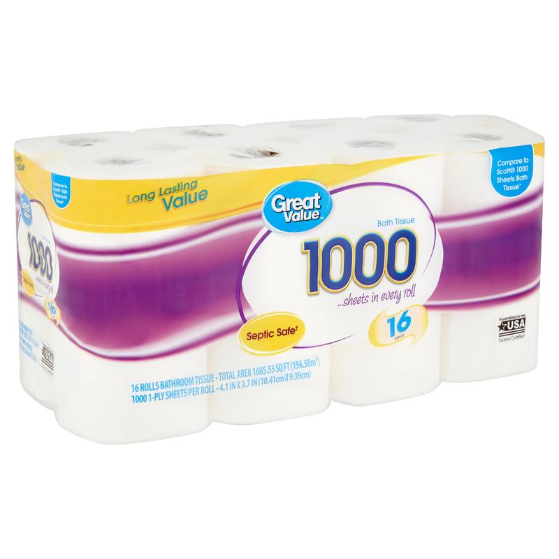 Great Value 1000 Bath Tissue Rolls, Pack of 16 - Toilet Wipes