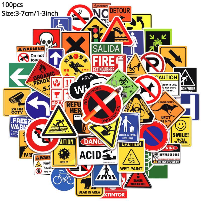 Warning Signs Series Graffiti Stickers, 100pcs DIY Creative Decorative Stickers for Laptops, Smartphones Suitcase, Tiles Sticker, Ornaments Stickers