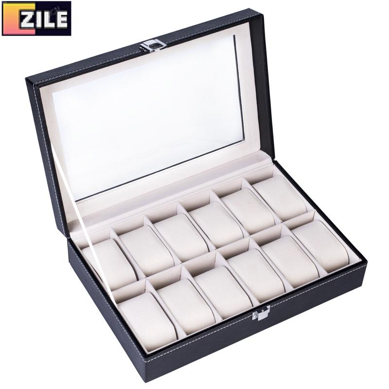 12 Compartments Top-level Opening Style Leather Watch Collection Box Black