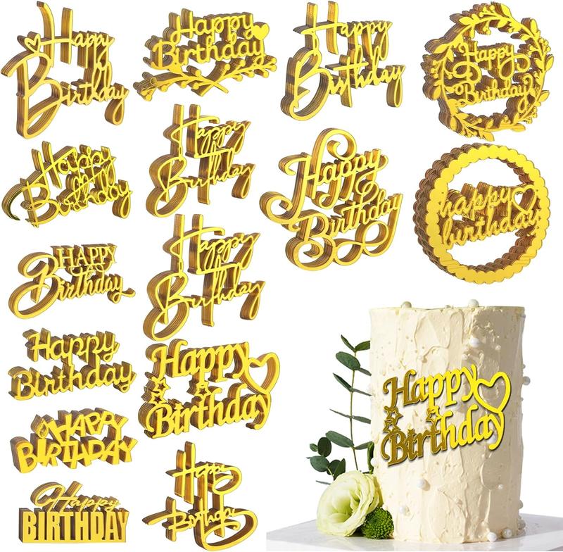 120 count  Happy Birthday Cake Toppers Mirror  Cake Topper Cake Decorations Cake Inserts Cake Decorating Supplies Cupcake Toppers for Birthday Party Cake Desserts Pastries 15 Styles