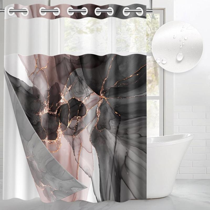 No Hook Marble Ocean Stone Shower Curtain with Snap-in Liner, Gray Double Layers Waterproof Fabric with See Through Top Window Open Grommet Bath Curtain 71x74 Inch