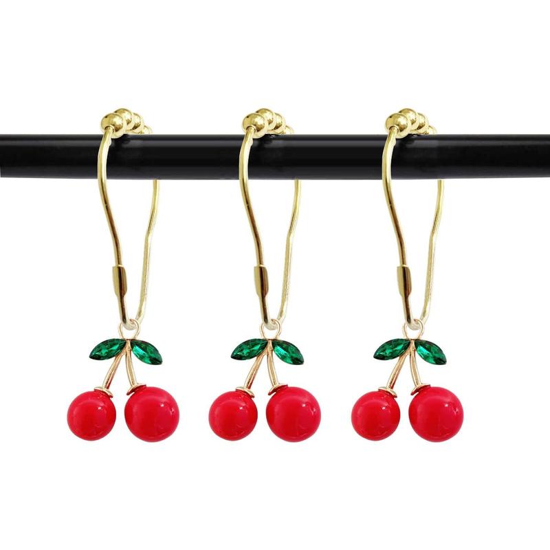 Set of 12 Cherries Shower Curtain Hooks Rings, Red Cherry Decoration, Fruit Style ForBathroom, Stainless Steel Hooks Rustproof (Red-Cherry)