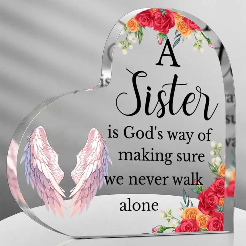 Letter & Flower & Wings Pattern Heart Shaped Acrylic Ornament, 1 Count Sister Gift, Unique Gift for Sister, Decorative Sign for Birthday & Anniversary Gift