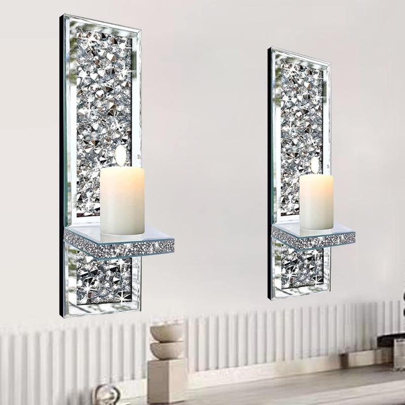 Set of 2 Crystal Crush Diamond Candle Sconces, Gorgeous Silver Mirrored Wall Sconce, Candle Holder Glass Wall Decorations Room Ornaments