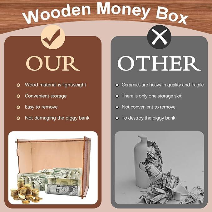 Money Saving Box, Wooden Cash Vault for Kids and Adults, Reusable Money Box with Countdown and Money Target Best Gift for Boys, Girls