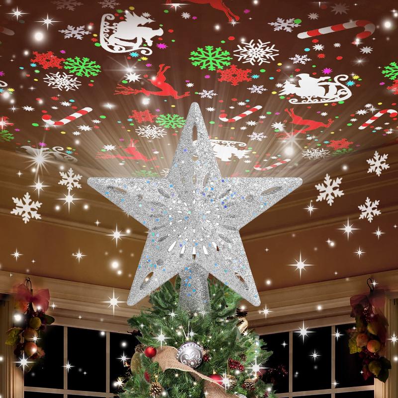 Christmas Tree Topper with 6 Projection Modes, Christmas Star Tree Topper Built-in LED Rotating Light, Silver 3D Flashing Dynamic Projection, Suitable for Christmas Party Holiday Decoration