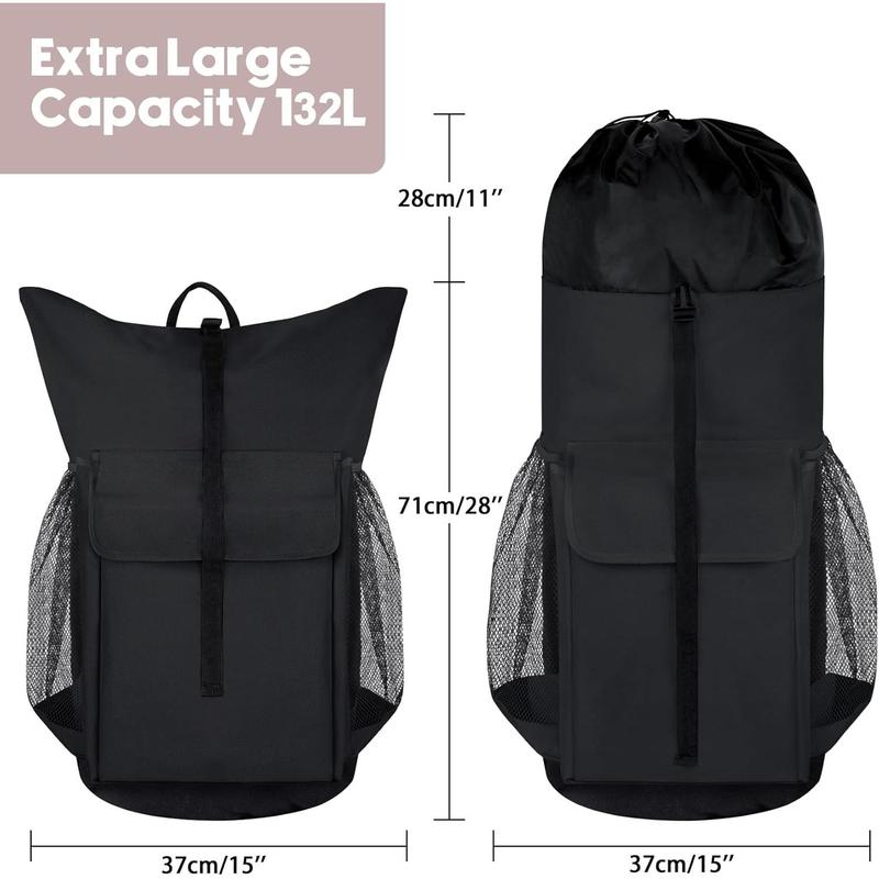 132L Laundry Bag Backpack College  Heavy Duty, Laundry Bag with  Straps for College Dorm Essentials, Large Laundry Backpack for Travel, Laundromat, Apartment, Black