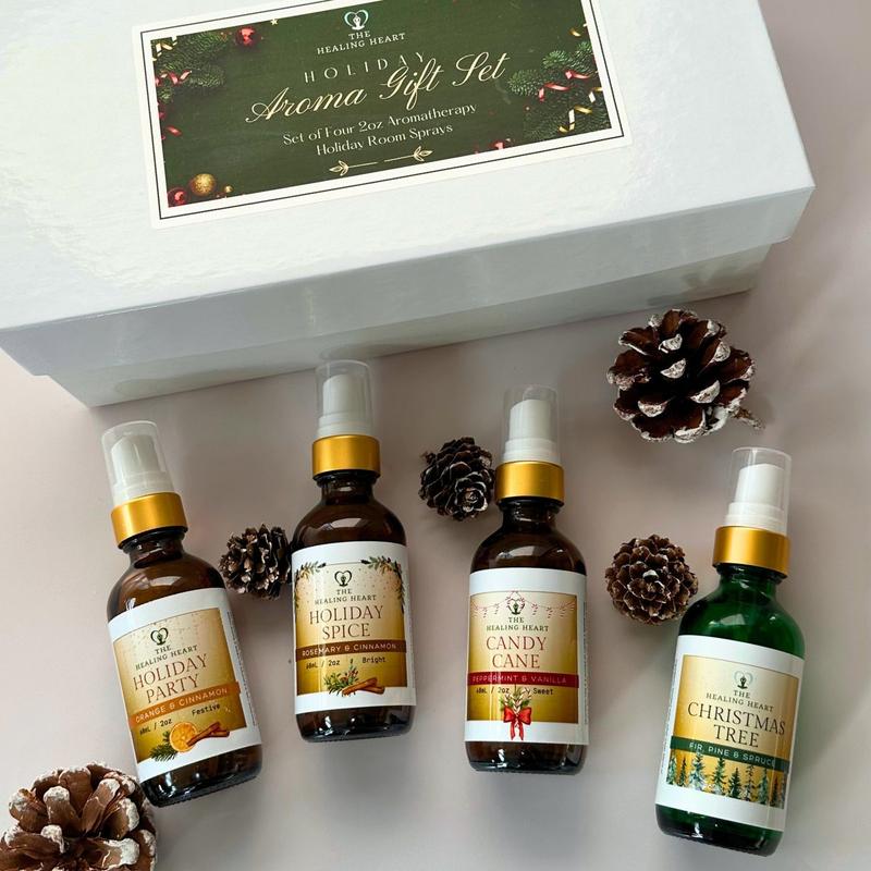 Holiday Room Mists Aroma Gift Set -  Four Luscious Holiday Aromas in 2 oz Glass Bottle