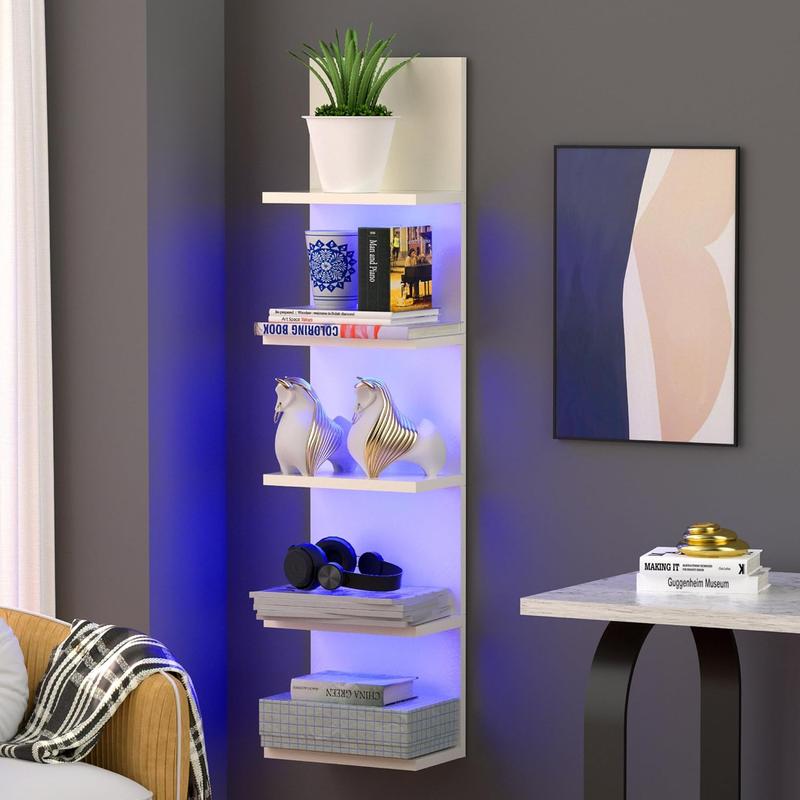 5 Tier Wall Shelf with RGB Light, Modern Wall Mount Lack Shelf, Vertical Column Shelf Floating Storage Home Decor Organizer Tall Tower Design Utility Shelf, White