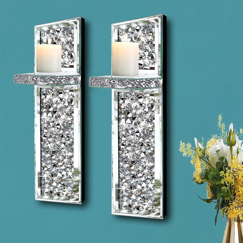 Set of 2 Crystal Crush Diamond Candle Sconces, Gorgeous Silver Mirrored Wall Sconce, Candle Holder Glass Wall Decorations Room Ornaments