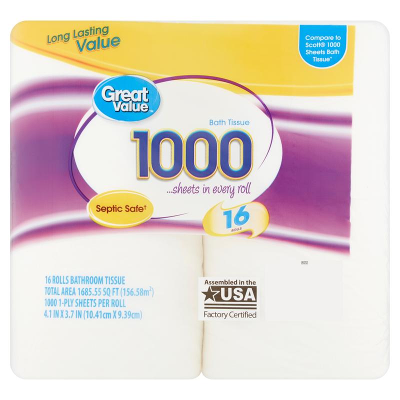 Great Value 1000 Bath Tissue Rolls, Pack of 16 - Toilet Wipes