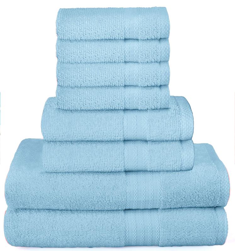 Ultra Soft 8-Piece Towel Set - 100% Pure Cotton, Sky Blue