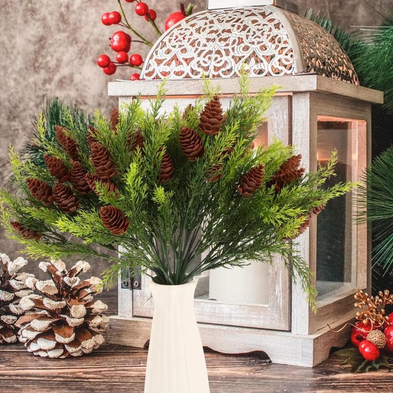 Artificial Winter Pine Needles Branches, 5 Counts Fake Greenery Pine Picks with Pinecone, DIY Xmas Wreath Garland Decoration, Room Decor