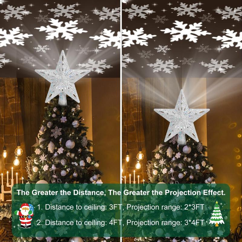 Christmas Tree Topper with 6 Projection Modes, Christmas Star Tree Topper Built-in LED Rotating Light, Silver 3D Flashing Dynamic Projection, Suitable for Christmas Party Holiday Decoration