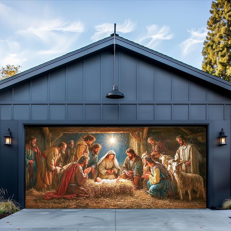 1pc Festive Season Birth Scene Outdoor Garage Door Banner Decoration, Large 6X13 Feet Polyester Tapestry Background for Holiday Parties, Star of Bethlehem Scene Garage Door Decor, Durable, Easy to Hang, No Power Needed