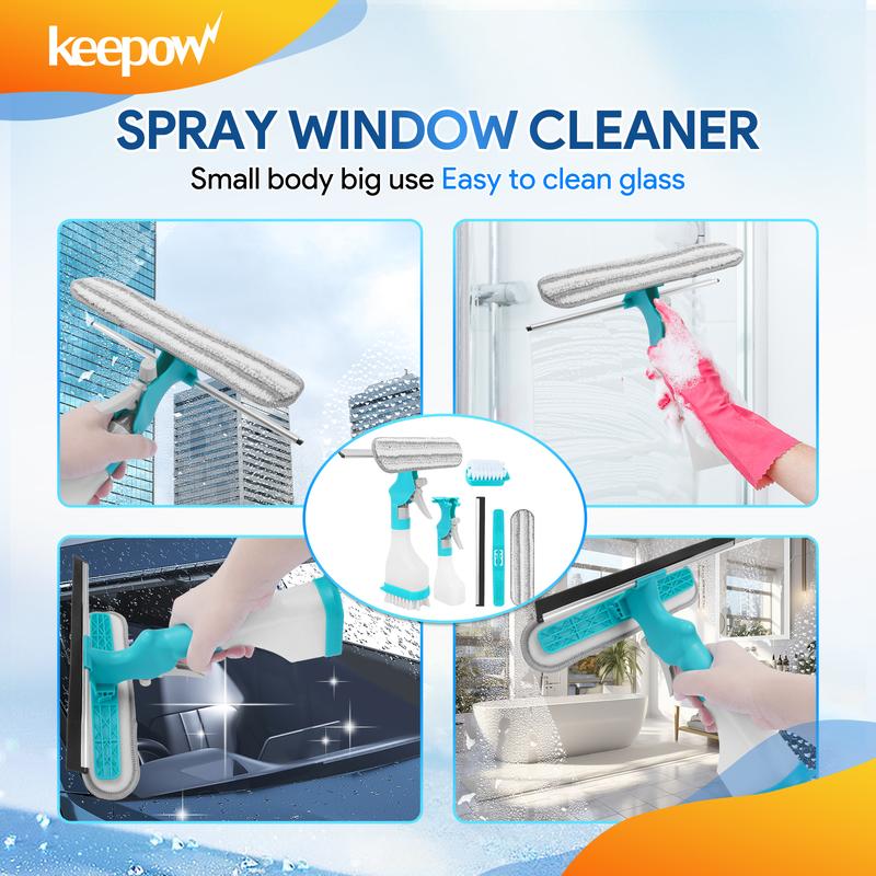 Multifunction Window Cleaner Tool, 4 in 1 Kit (with Spray Bottle, Squeegee, and Microfiber Washer Head), Window Cleaning Tool for Home Glass Car Window Cleaning,