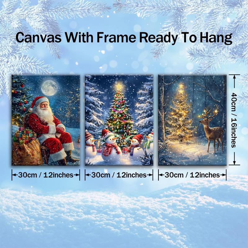 Christmas Themed Wooden Framed Canvas, 3 Counts set Smiling Santa Claus & Snowman & Deer Pattern Wall Art, Wall Decor for Home Living Room Bedroom Office