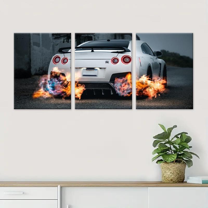 Cool Sports Car Pattern Wooden Framed Canvas Painting, 3 Counts set Modern Art Wall Decor, Wall Art for Home Living Room Bedroom Office